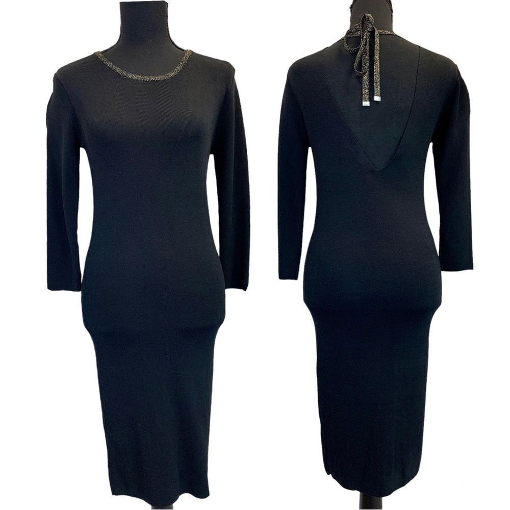 Dynamite black knit long sleeve metallic neckline bodycon dress Sz M